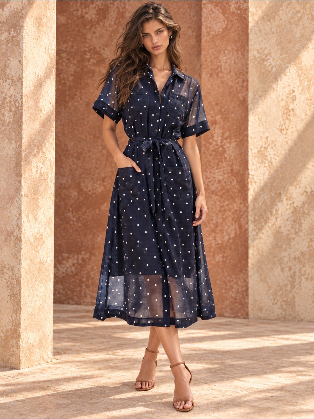 Walter Baker NWT Dot Sheer Raine Midi Dress in Midnight Blue, Size S